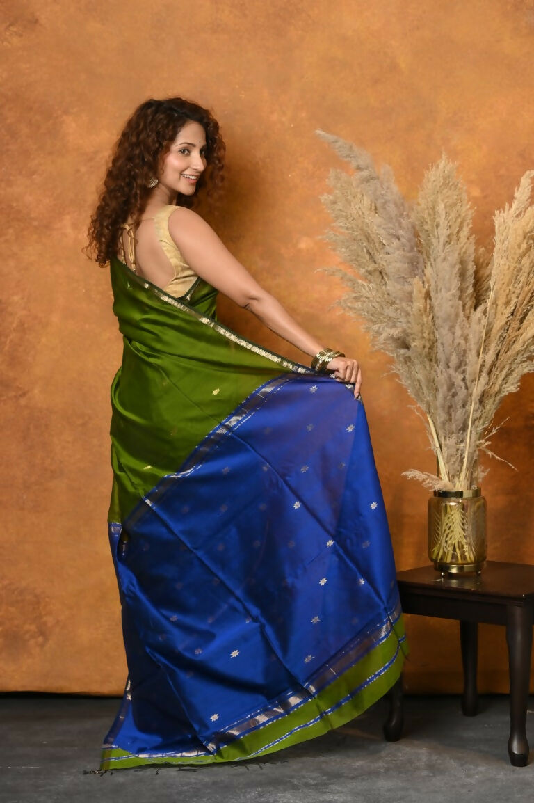 Very Much Indian Handloom Pure Cotton Silk Saree With Sleek Golden Border - Green | Swadesiicart