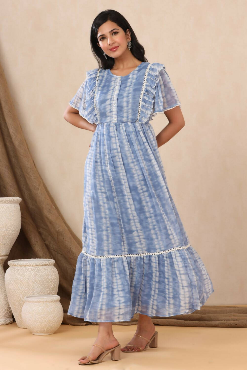 Juniper Womens Powderblue Chiffon Printed Tiered Dress | Swadesiicart