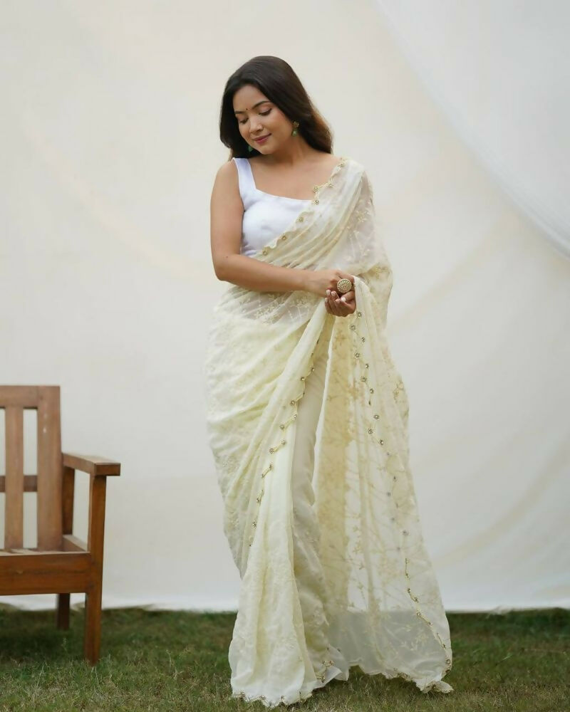 Vamsee Kimora White Georgette Saree - Swadesiicart