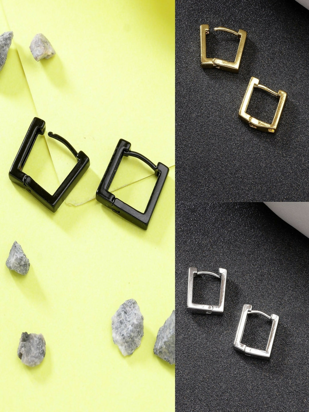 NVR Men's Set of 3 Multicolor Rhodium-Plated Geometric Shape Stainless Steel Hoop Earrings - NR Retail-NVR