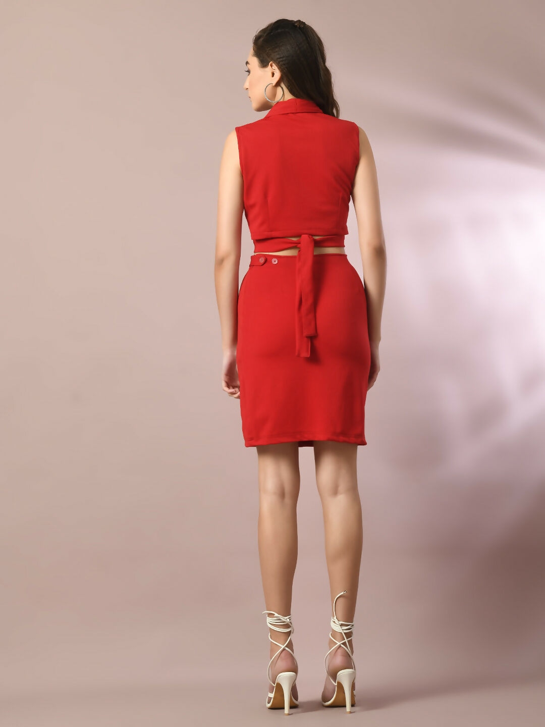 Myshka Women's Red Solid Shawl Neck Party Top With Skirt Co-ord set - Swadesiicart