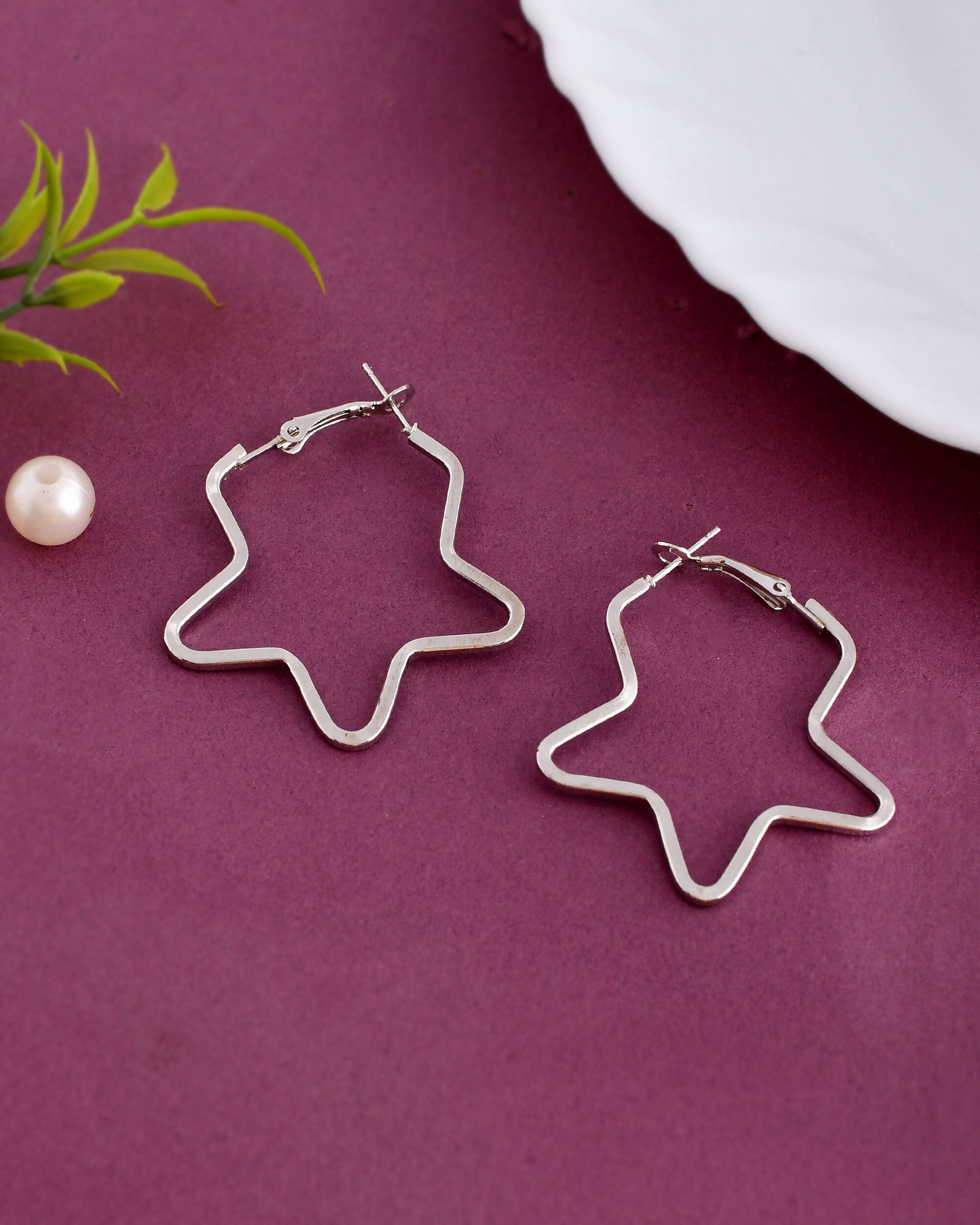 VOJ Women Sliver Tonned Star Shape Stainless Steel Hoop Earrings - Swadesiicart