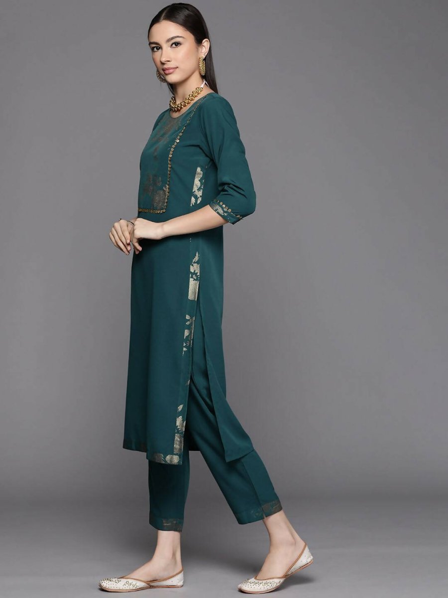Ahalyaa Womens Dark Green Crepe Smoke Printed Kurta Pant Set With Dupatta | Swadesiicart