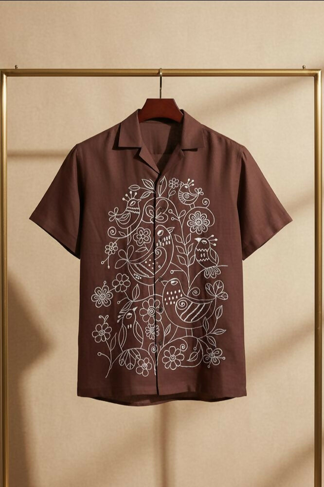 Botan — Brown Embroidered Cotton Shirt by Hilo Design