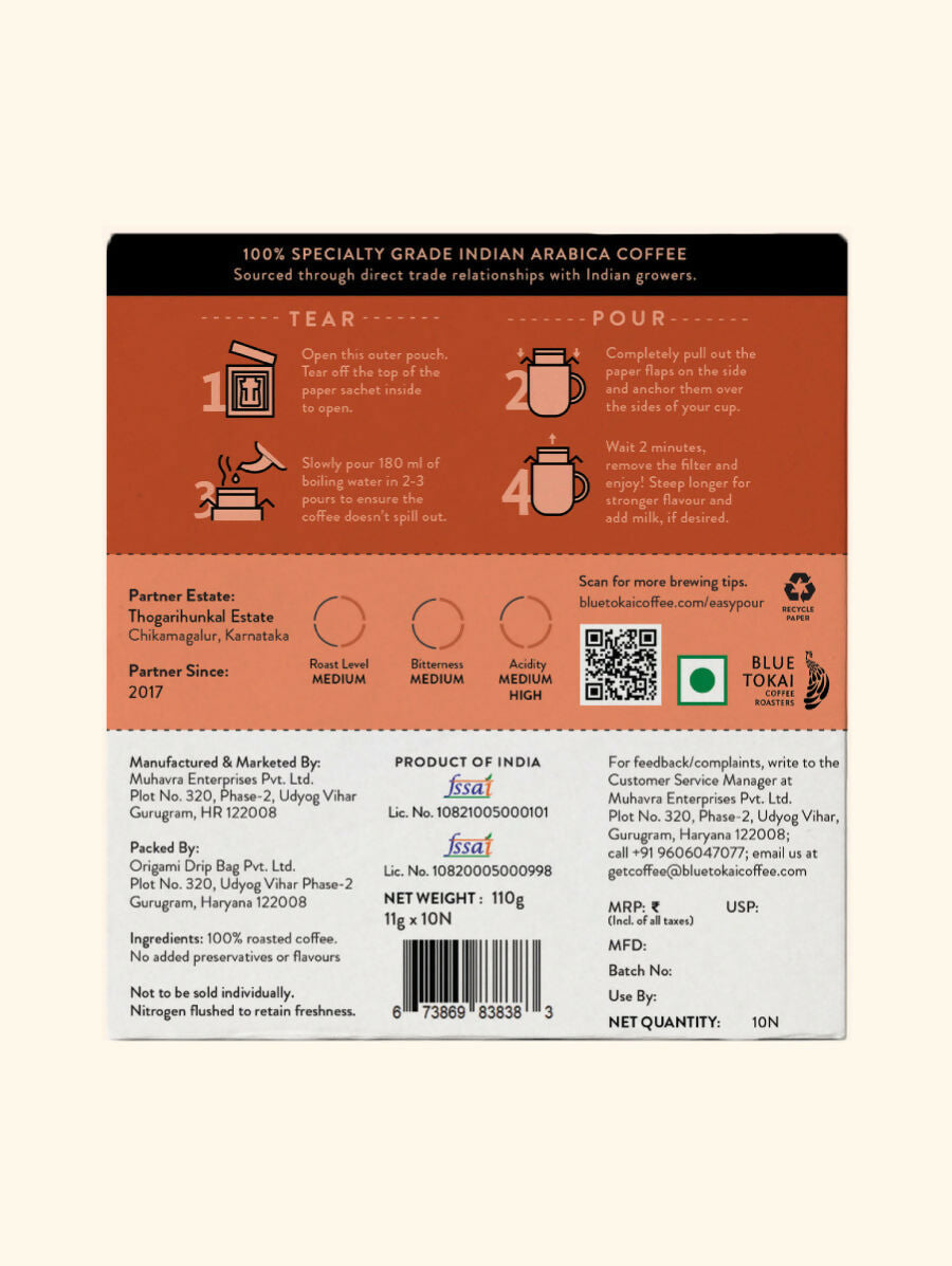 Blue Tokai Thogarihunkal Estate Medium Roast Easy Pour Sachets - Swadesiicart