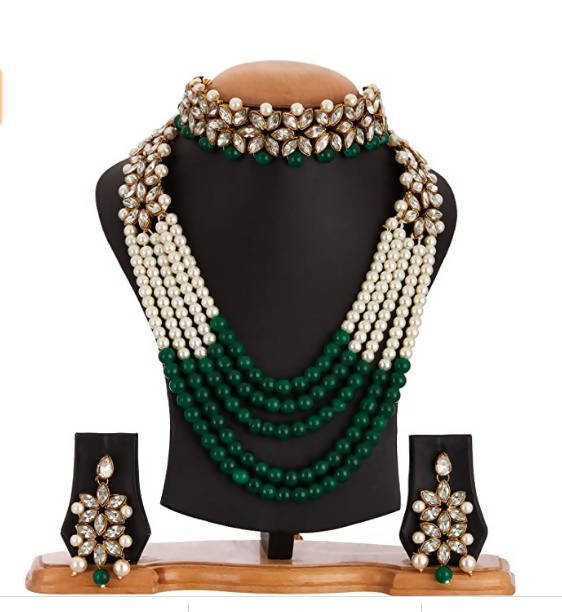 Mominos Fashion Rajwadi Gold-Plated With Stone & Green Pearls Necklace Online