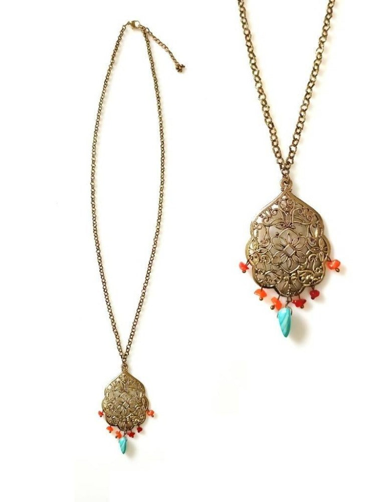 Bling Accessories Antique Brass Finish Metal Long Necklace with Coral & Turquoise Natural Stone | Swadesiicart