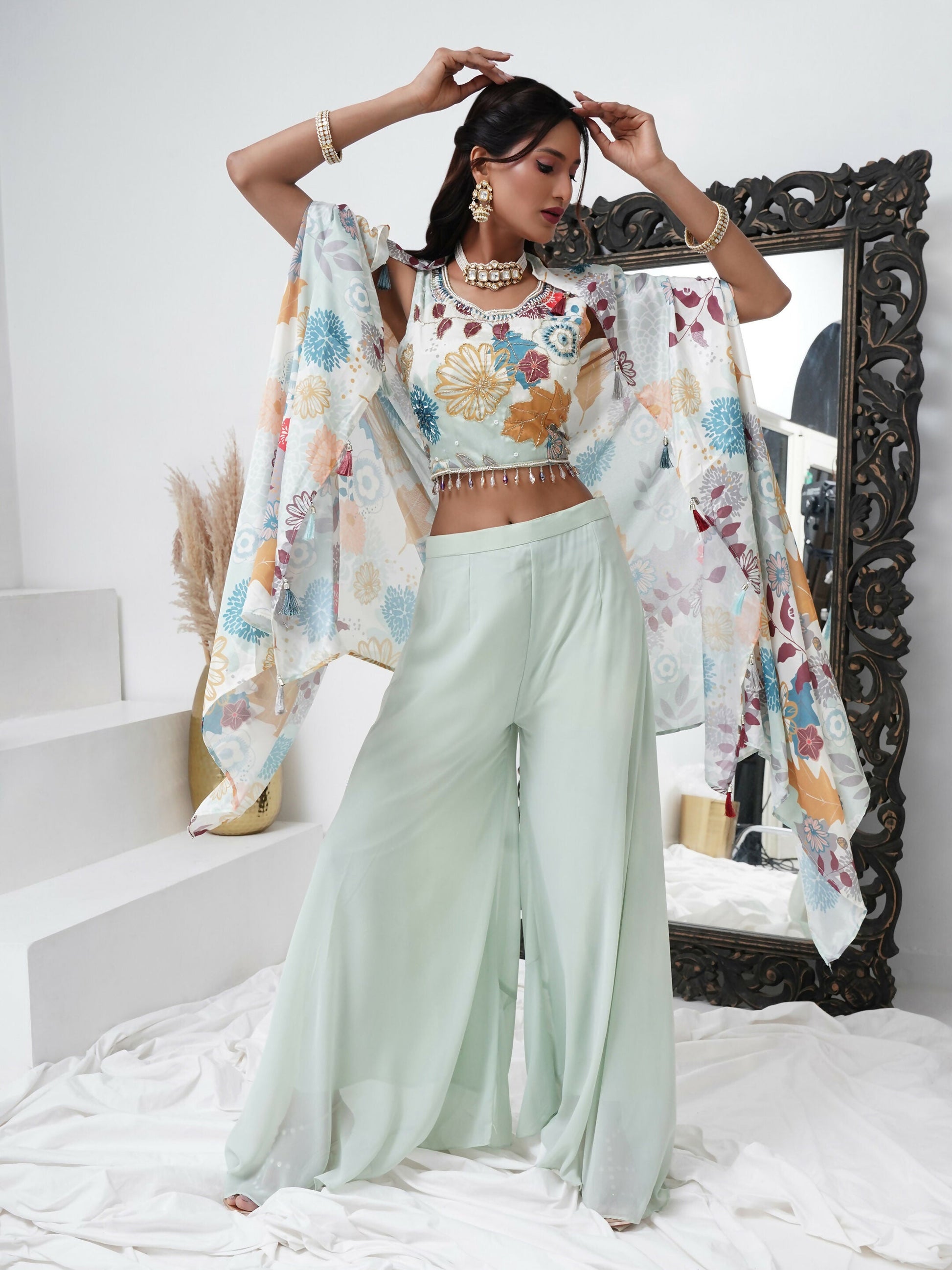 Sea Green Digital Chinon Handwork Top with Palazzo & Shrug - Naomika - Swadesiicart
