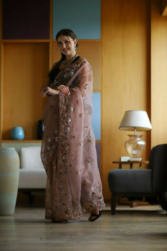 Vamsee Avantika Brown Organza Saree - Swadesiicart