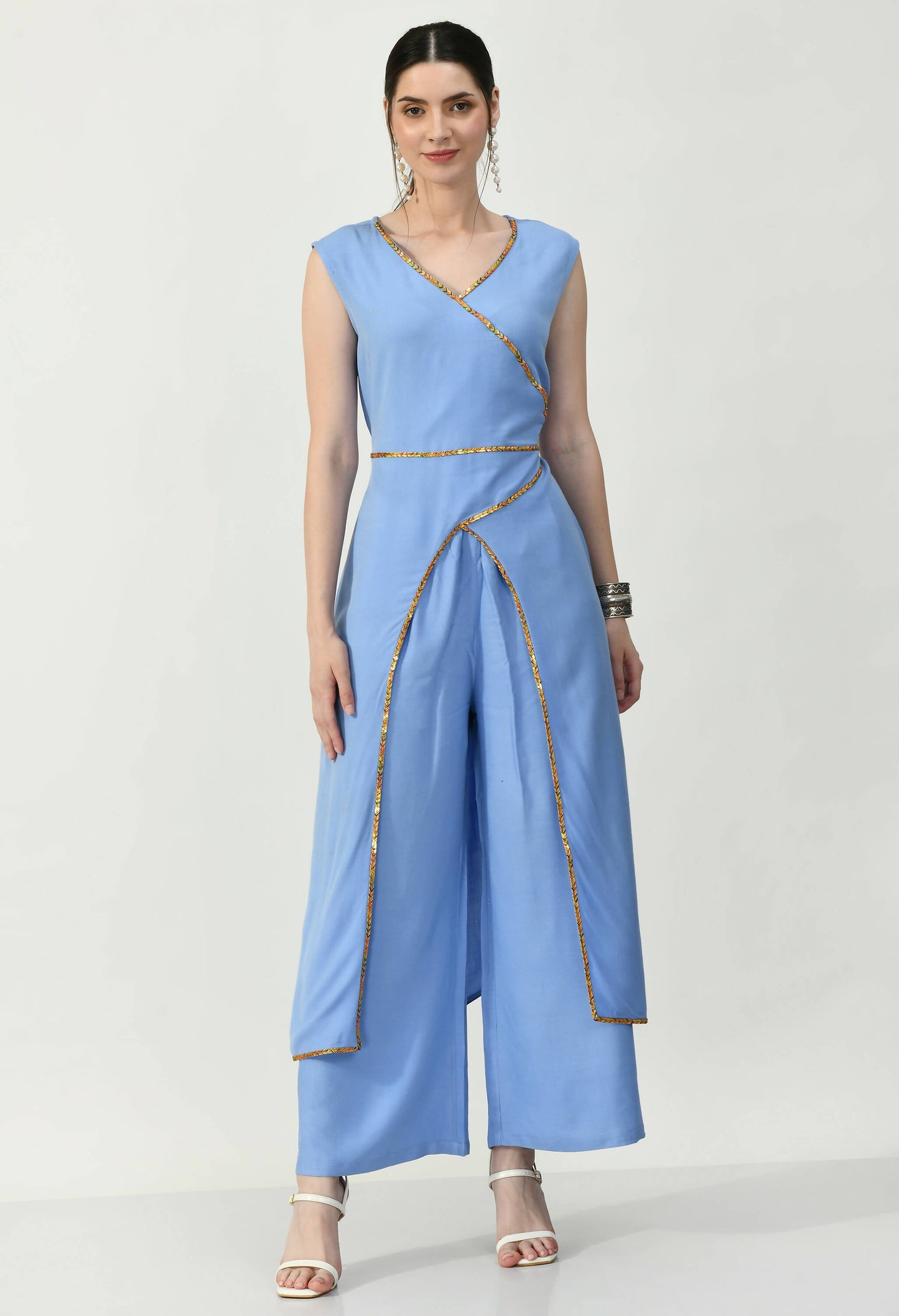 Women's Blue Rayon Kurti And Palazzo With Multi Coloured Lace At Neck And Front - G & A Apparels | Swadesiicart
