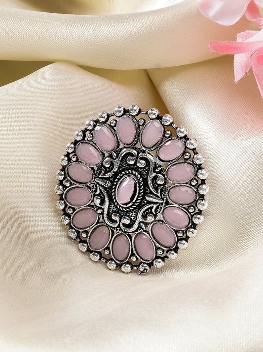 NVR Women's Pink Silver-Plated Circular Shape Adjustable Finger Ring | Swadesiicart