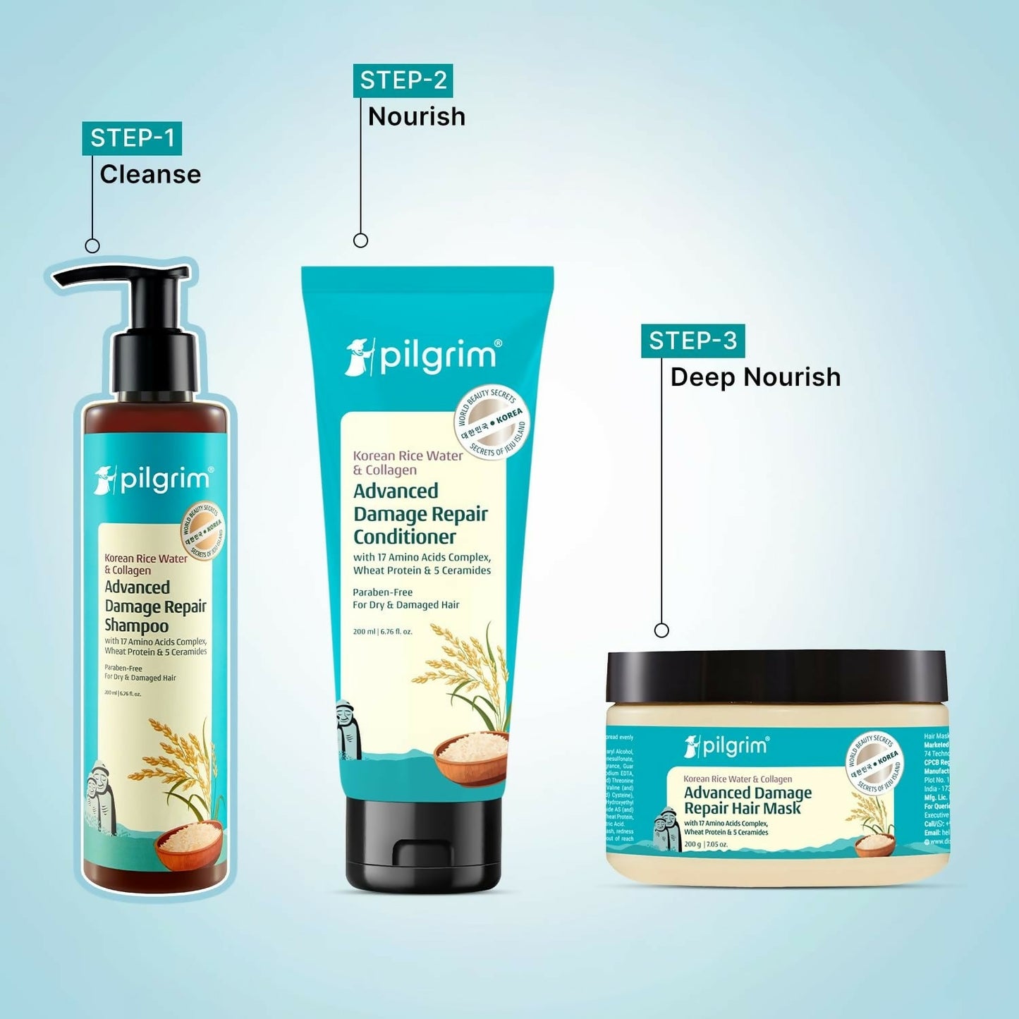 Pilgrim Korean Rice Water & Collagen Advanced Damage Repair Shampoo - Swadesiicart