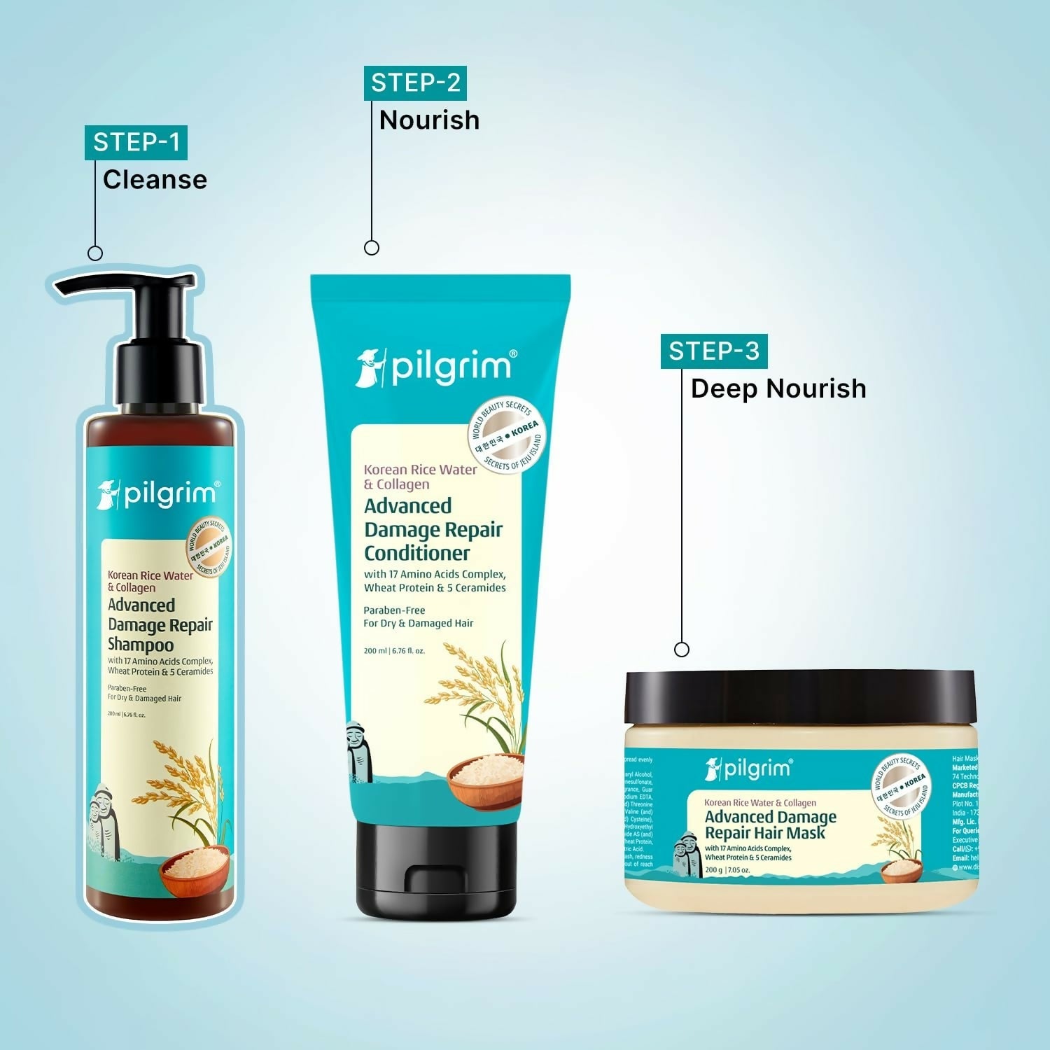 Pilgrim Korean Rice Water & Collagen Advanced Damage Repair Shampoo - Swadesiicart