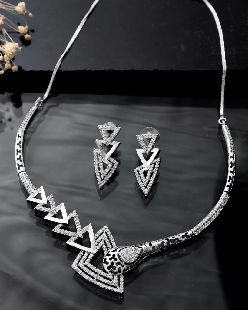 VOJ Silver Plated AD Studded Designer Handcrafted Jewellery Set - VOJ (Valley Of Jewellery)