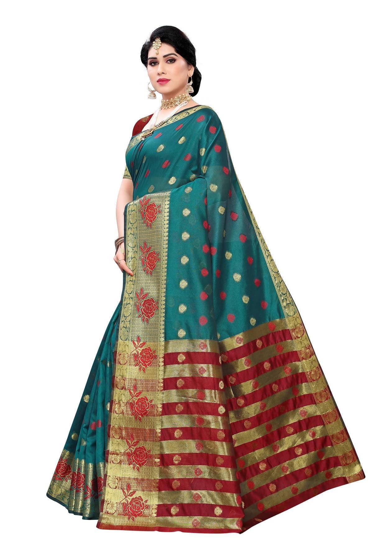 Vamika Banarasi Jaquard Rama Green Weaving Saree | Swadesiicart