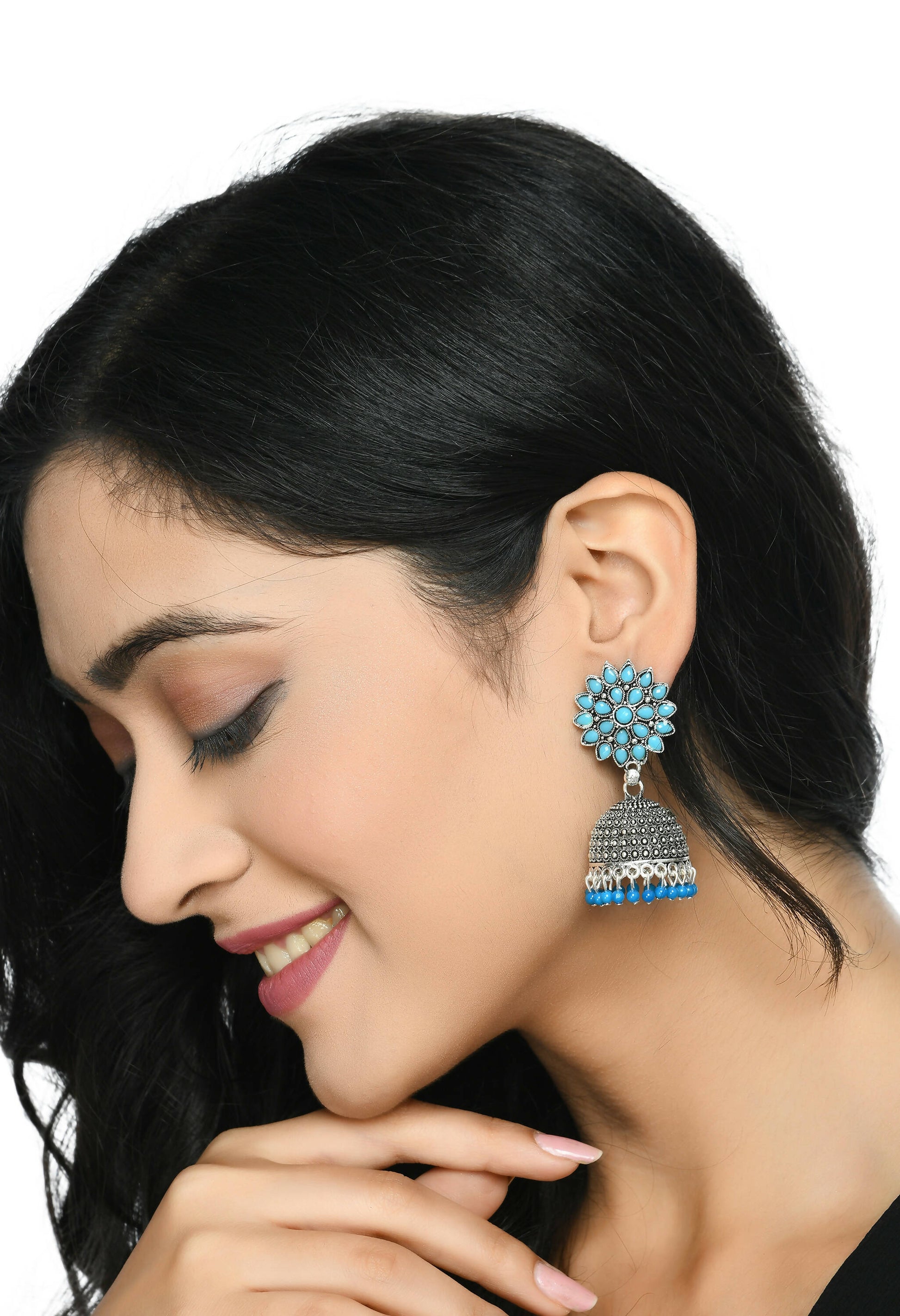 Mominos Fashion Joharkamal Kundan work Jhumka with Sky Blue Beads - Swadesiicart