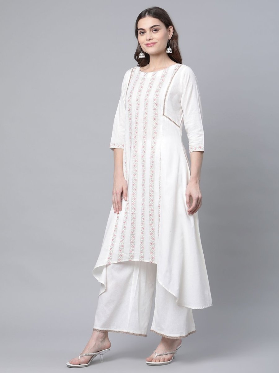 Ahalyaa Women's Off white Pure Cotton Printed Asymmetric Kurta Palazzo Set | Swadesiicart