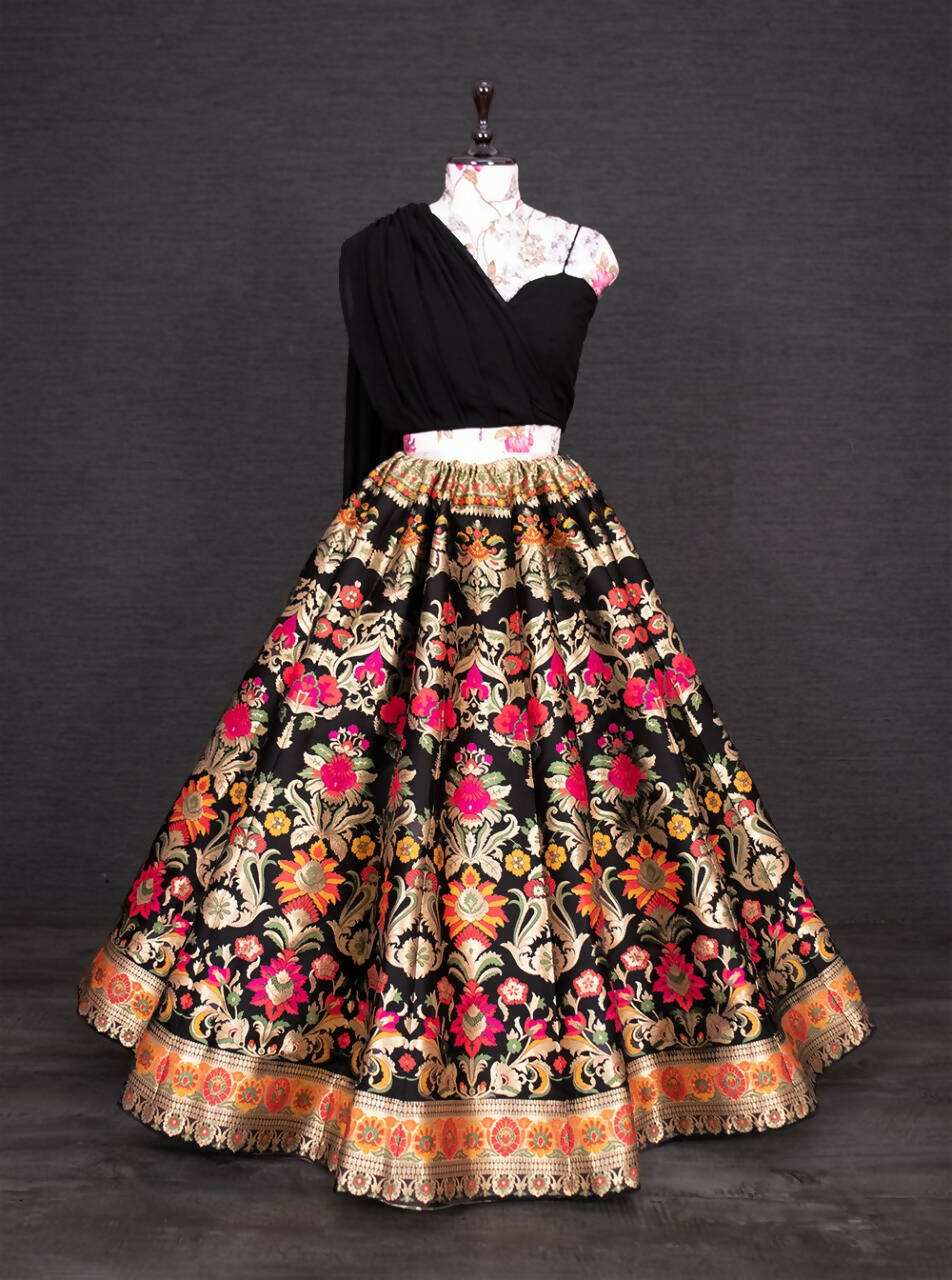 Black Banarasi Silk Lehenga Choli for Women, Ready to Wear Stitched Lengha Choli for Party by Infinity Export | Swadesiicart