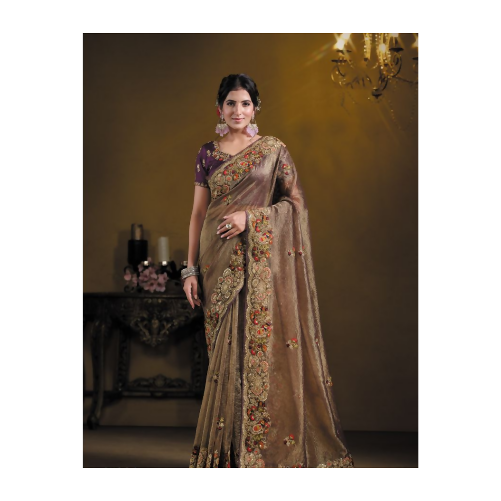 Wine Pure Banarasi Crush Pure Khatli work Designer Saree With Blouse. - Rajasvi | Swadesiicart