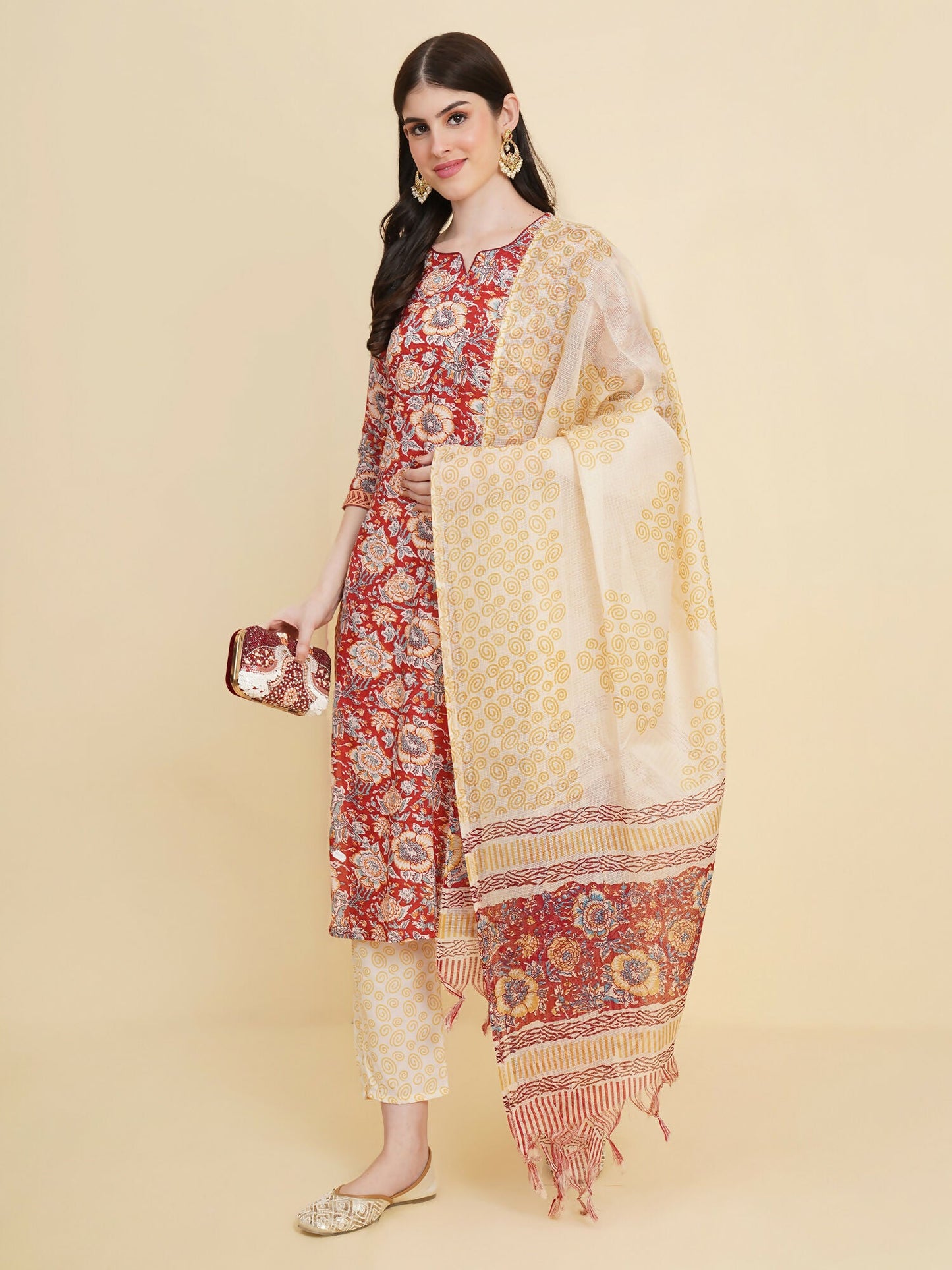 Designer Stylish red Cotton Stitched Suit With Dupatta - Tanisha | Swadesiicart