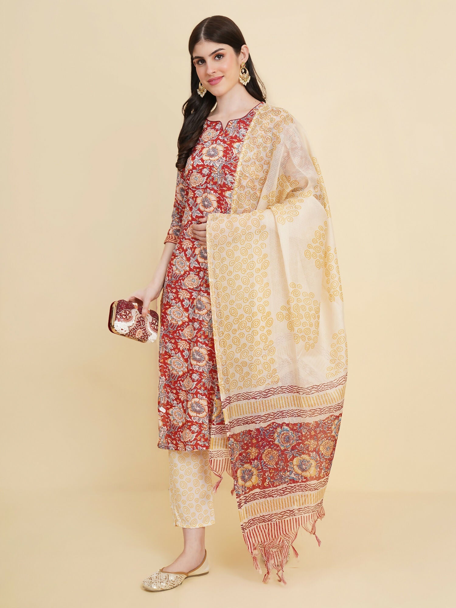 Designer Stylish red Cotton Stitched Suit With Dupatta - Tanisha | Swadesiicart