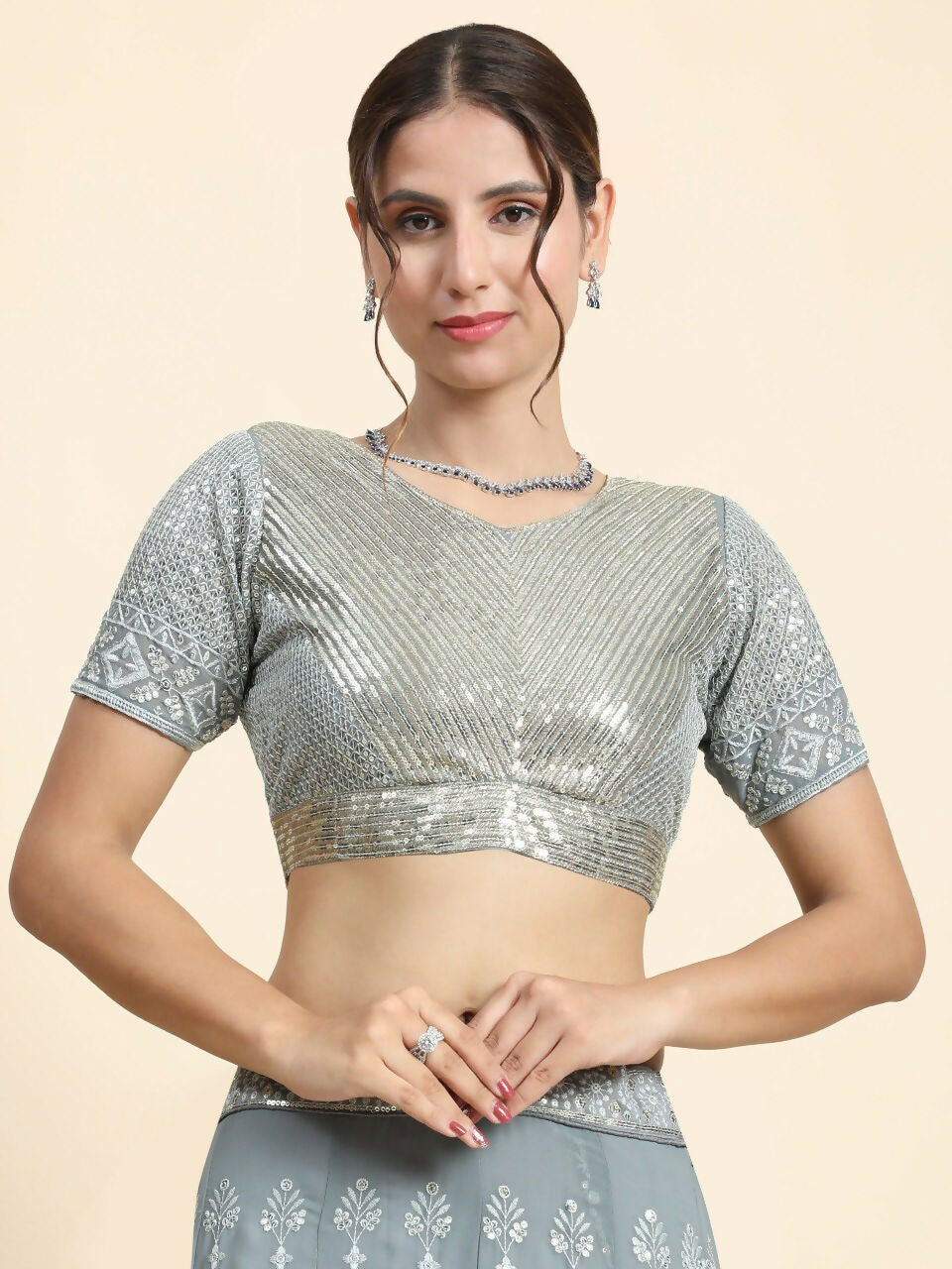Jyoti Fashion Mesmerizing Grey Faux Georgette 3MM Sequins with Thread & Jari Embroidery Lehenga Choli with Dupatta | Swadesiicart