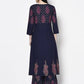 Aniyah Rayon Navy Blue Color Block Print A-line Flared Long Kurta With Two Front Slits (AN-215K) - Swadesiicart