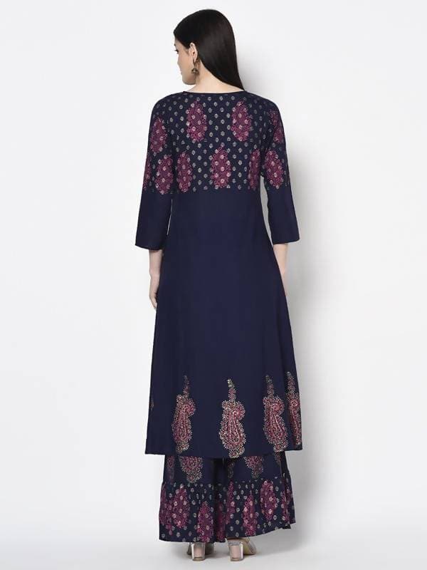 Aniyah Rayon Navy Blue Color Block Print A-line Flared Long Kurta With Two Front Slits (AN-215K) - Swadesiicart