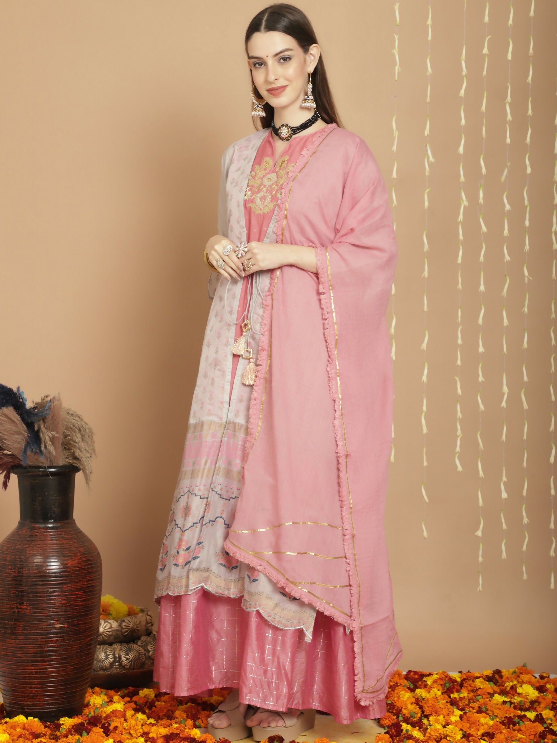 Jyoti Fashion Women's Grey Chanderi Silk Elegant Jardoshi Semi Kurta with Trouser & Dupatta | Swadesiicart
