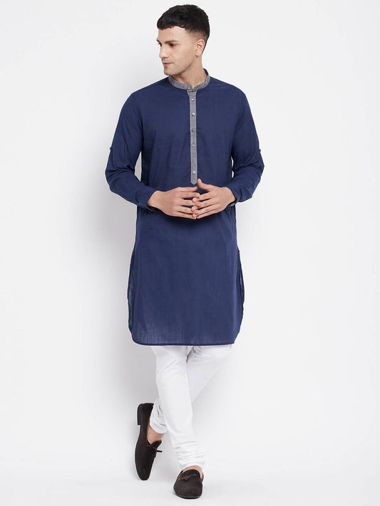 Even Apparels Blue Pure Cotton Men's Kurta With Contrast Collar And Placket | Swadesiicart