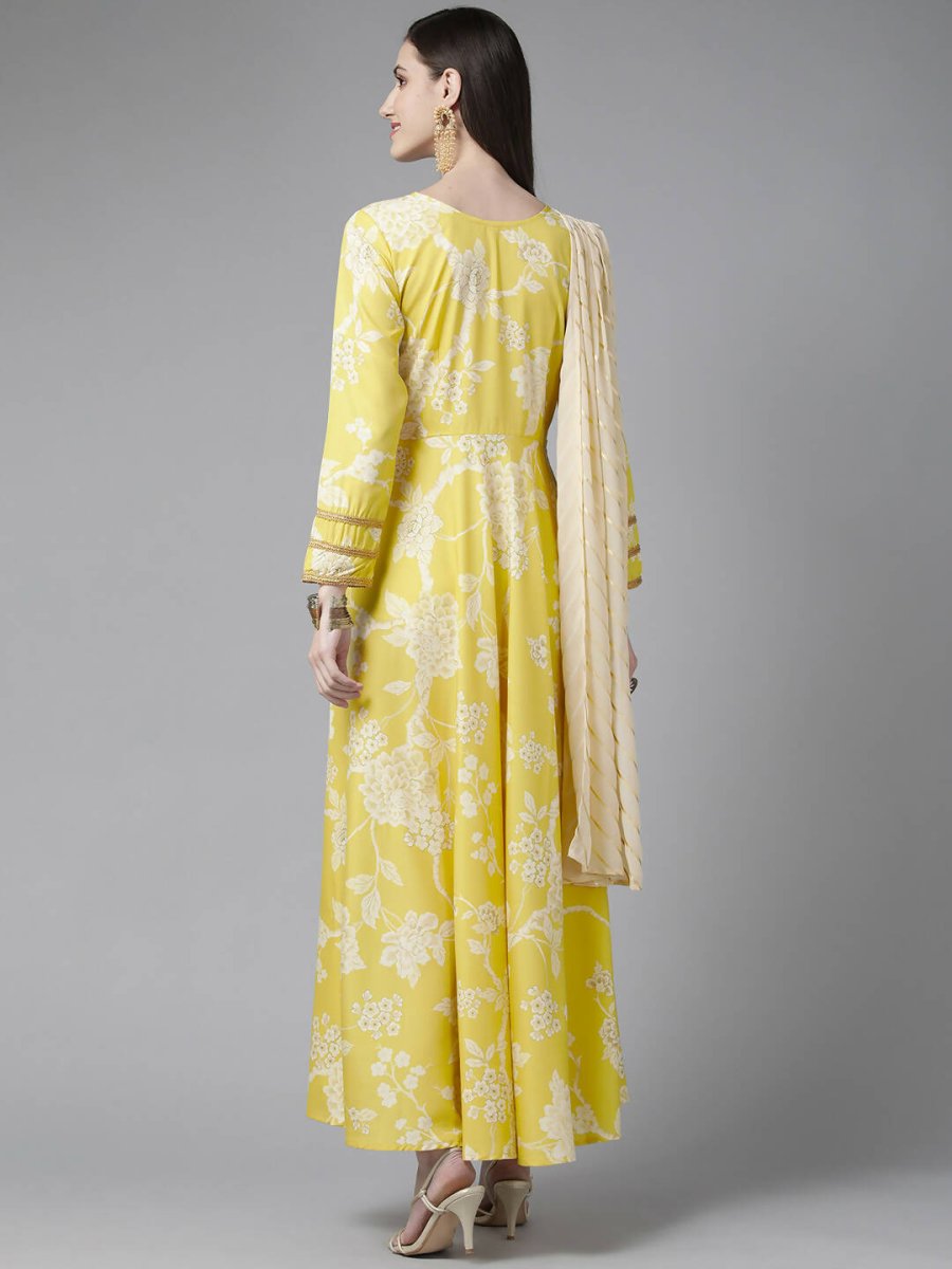 Ahalyaa Womens Lemmon Yellow Crepe Digital Printed Drapped Dress | Swadesiicart