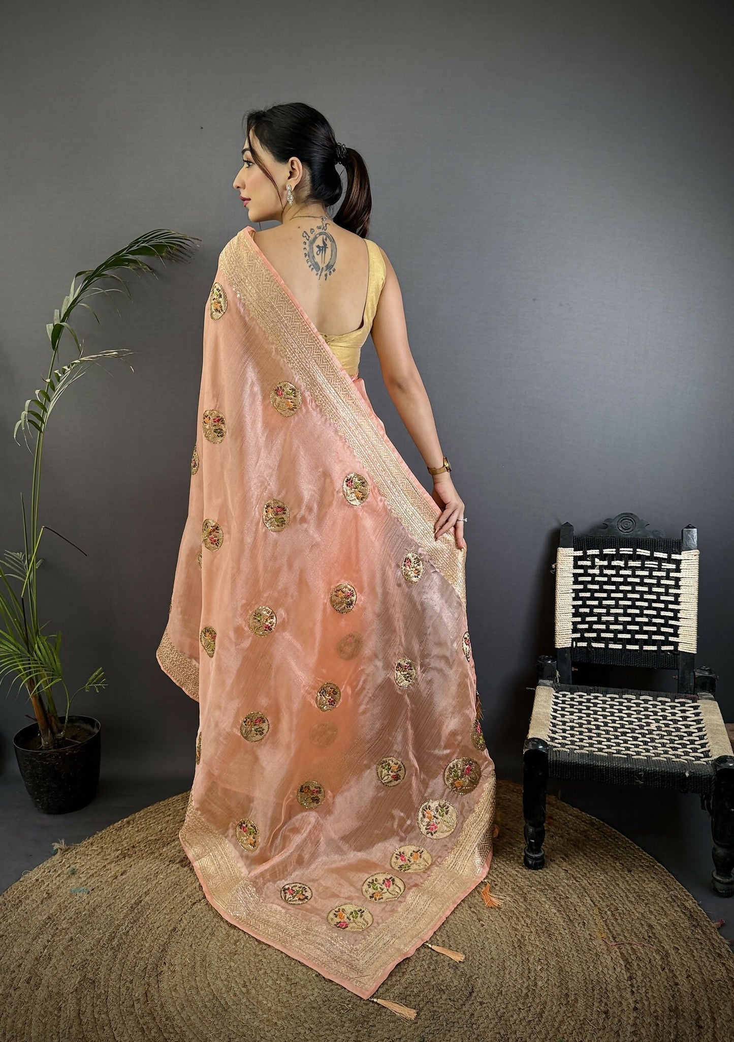 Joban Fashion Peach Handloom Banarasi Organza Silk Khatali Butta Work Saree | Swadesiicart