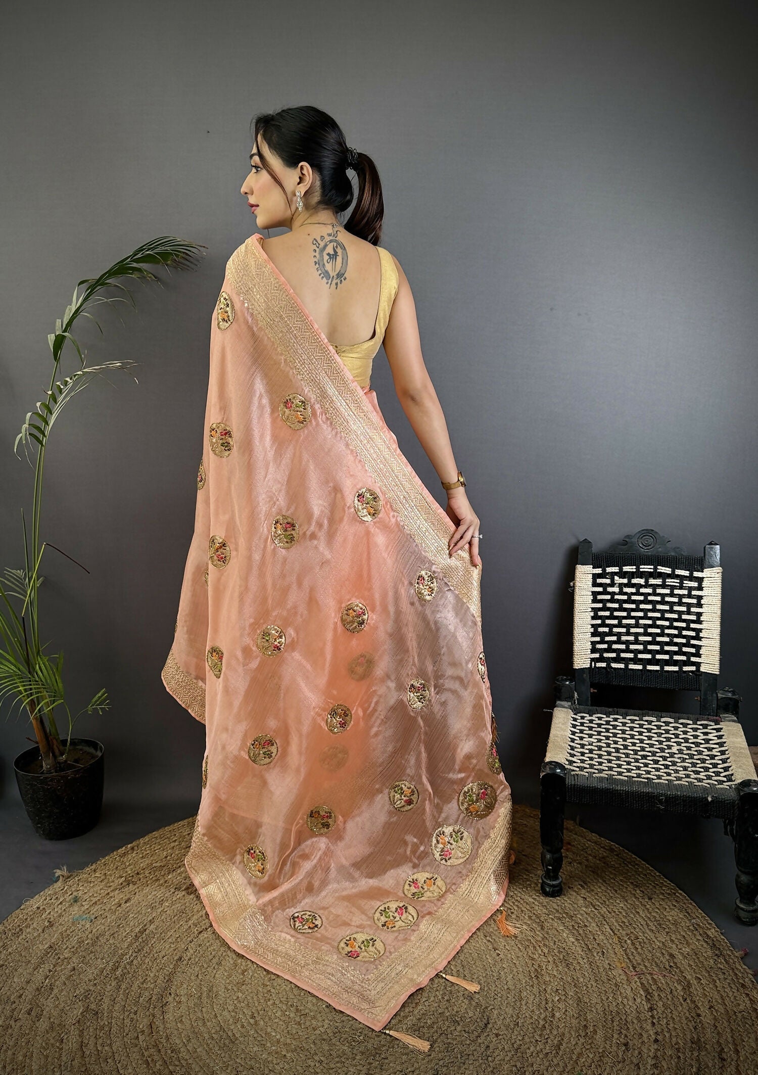 Joban Fashion Peach Handloom Banarasi Organza Silk Khatali Butta Work Saree | Swadesiicart