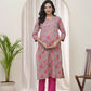 Vaasva Women Charcoal Cotton Printed Straight Kurti With Pant | Swadesiicart