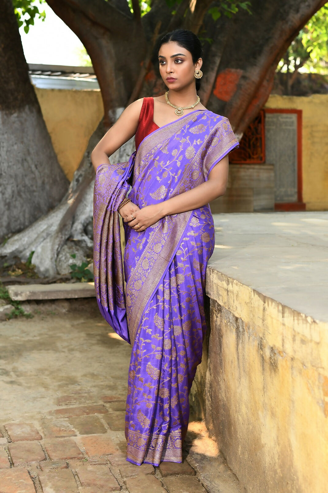 Joban Fashion Dark Lilac Crepe Chiffon Pure Handloom Banarasi Silk Saree | Swadesiicart