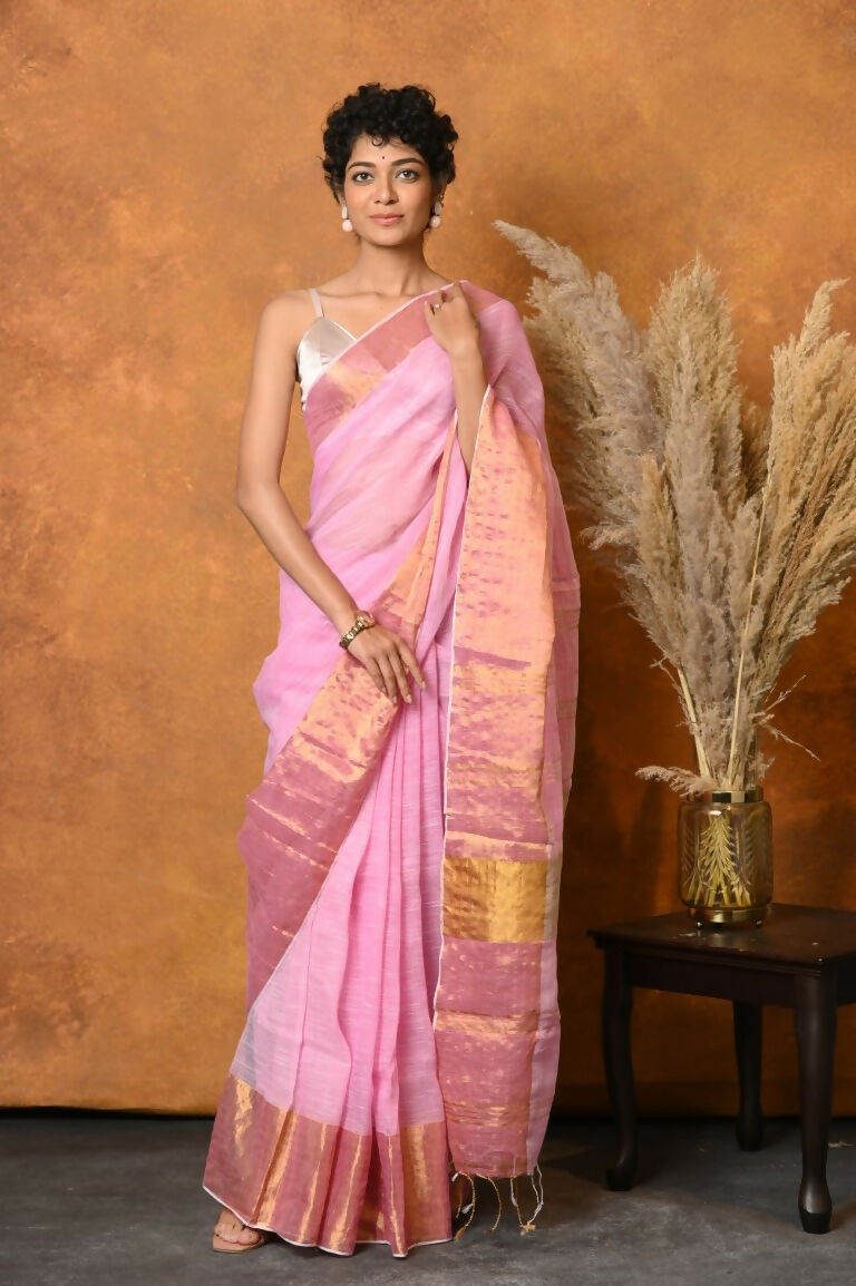 Very Much Indian Handloom Pure Cotton Linen Saree With Golden Border - Pink | Swadesiicart