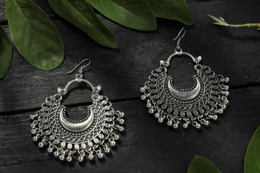 Mominos Fashion Johar Kamal Oxidised Silver-Plated Chandbali Earrings - Swadesiicart