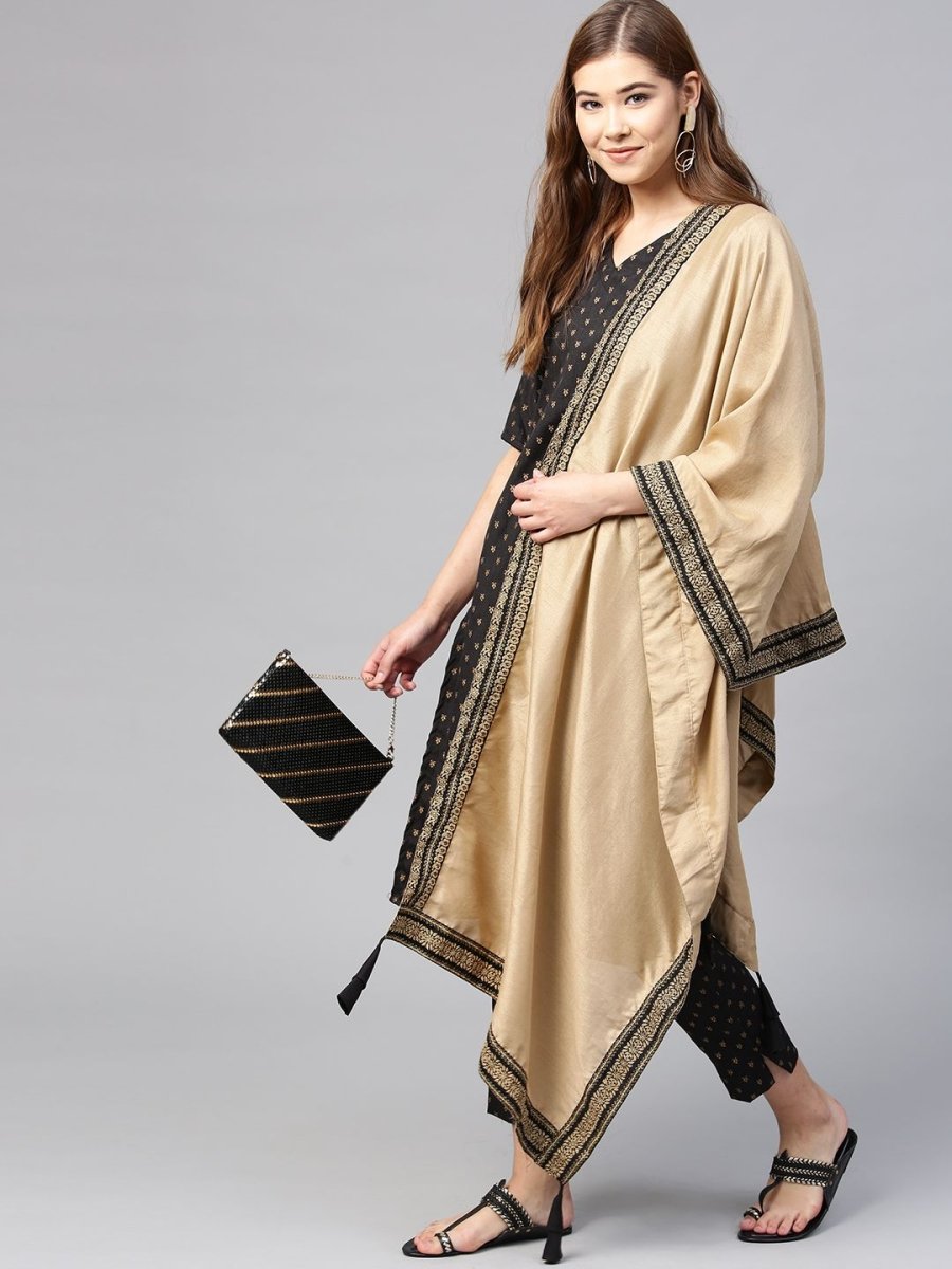 Ahalyaa Women's Black Poly Silk Printed Kurta Pant With Dupatta | Swadesiicart