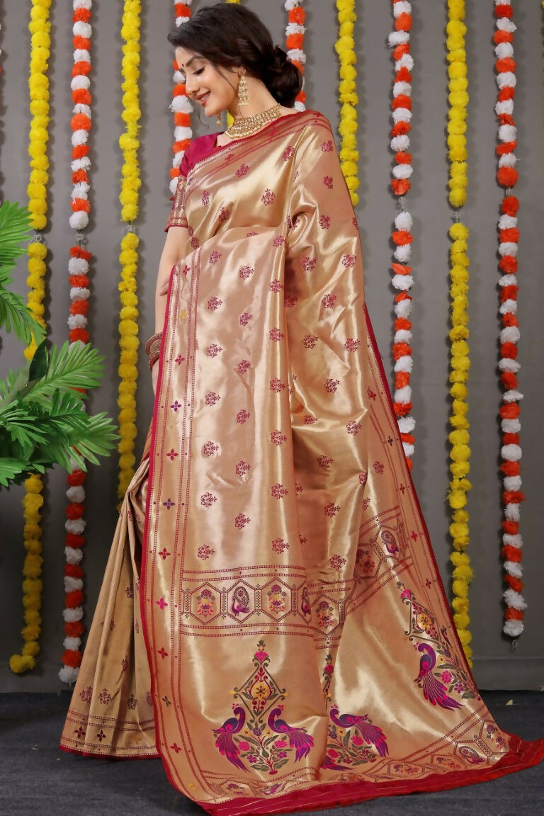 Jyoti Fashion Women's Maroon Paithani Silk Zari Woven Saree with Blouse | Swadesiicart