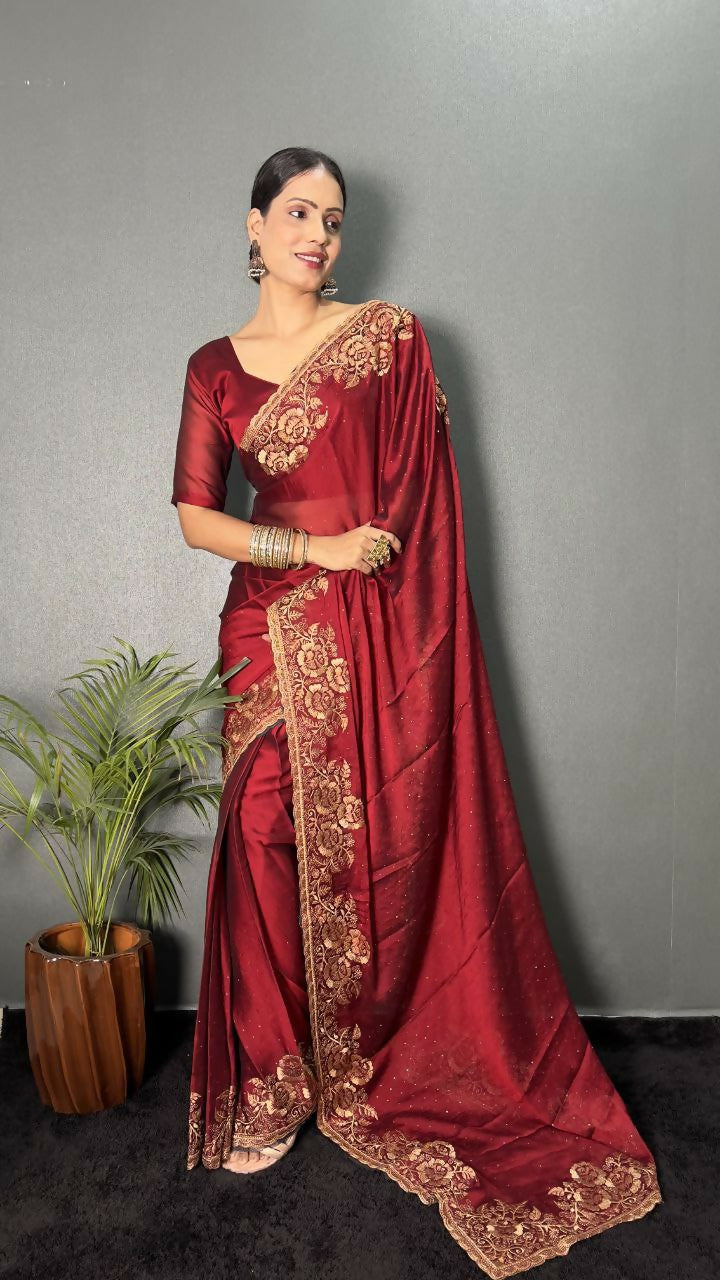 Vastranavya Maroon Rangoli Silk Zari work with DMC Swarovski work Ready to Wear Saree | Swadesiicart