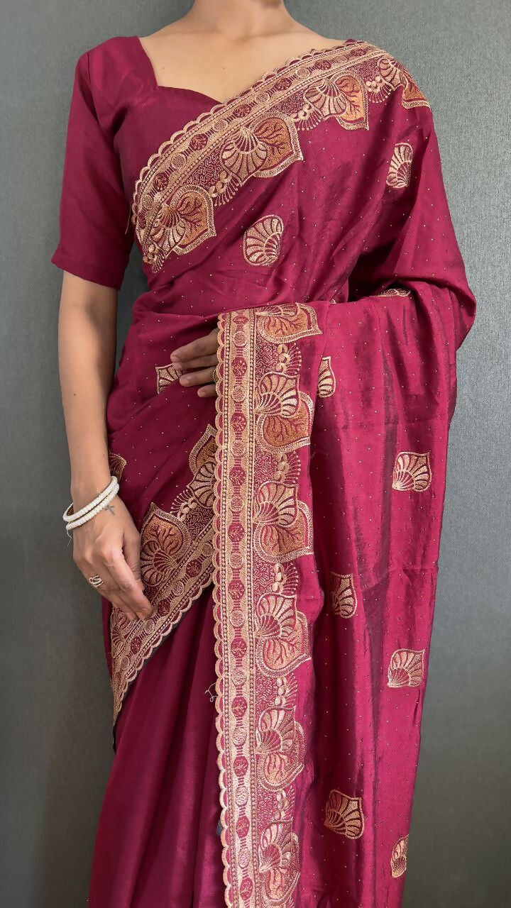 Vastranavya Pink Vichitra Silk Zari with Swarovski Work Ready to Wear Saree | Swadesiicart