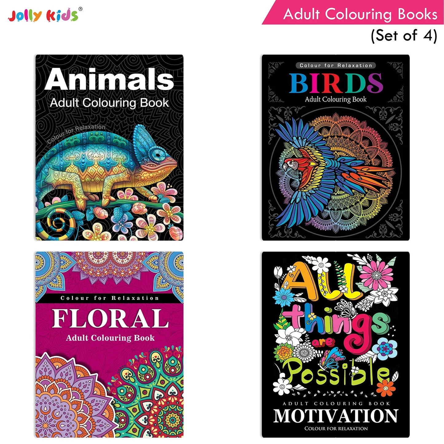 Jolly Kids Adult Colouring Books Set of 4|Adults Colouring Book: Stress Relieving Designs Floral, Animals, Birds & Motivational Quotes Colouring Books - Swadesiicart