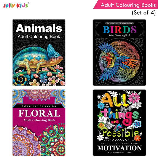 Jolly Kids Adult Colouring Books Set of 4|Adults Colouring Book: Stress Relieving Designs Floral, Animals, Birds & Motivational Quotes Colouring Books - Swadesiicart