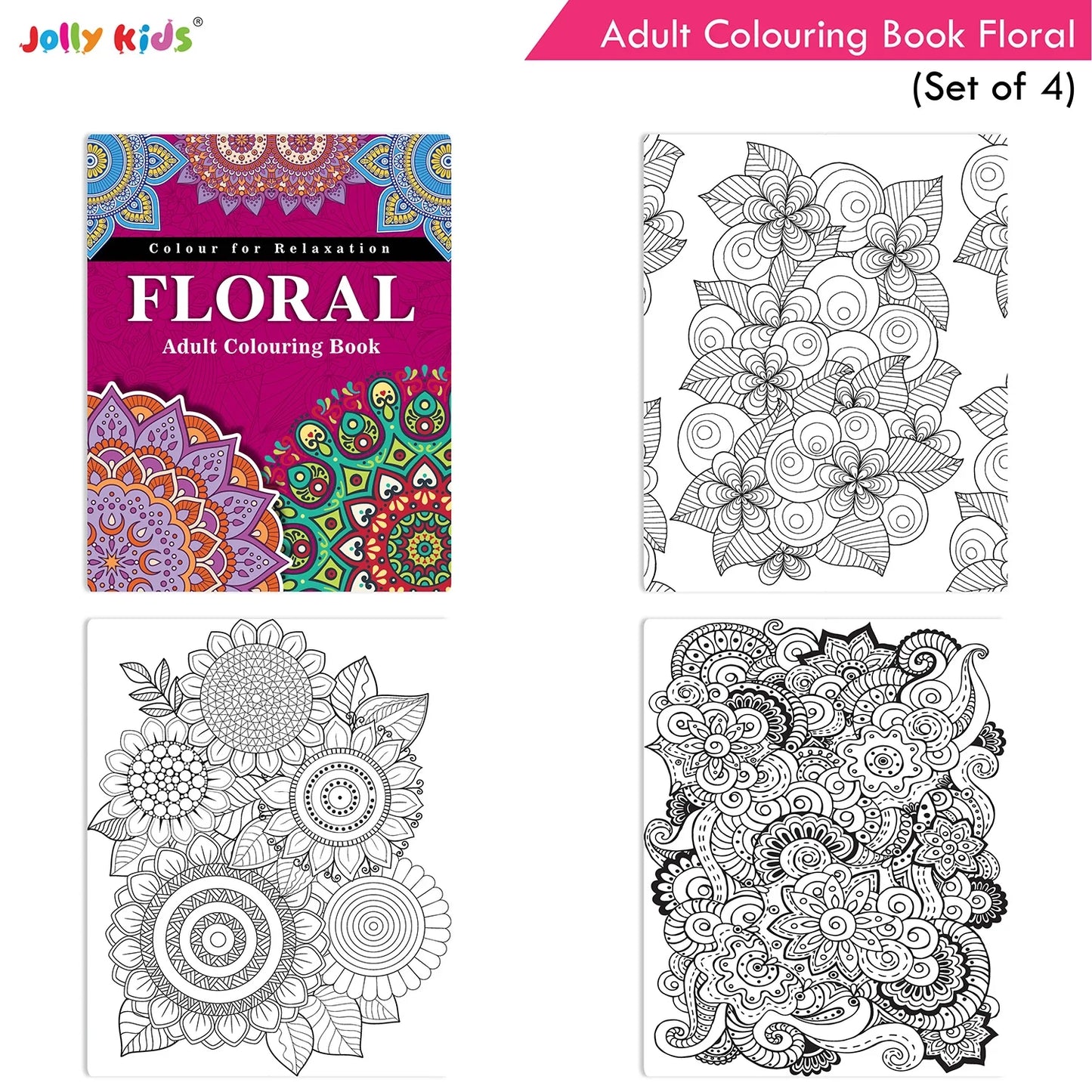 Jolly Kids Adult Colouring Books Set of 4|Adults Colouring Book: Stress Relieving Designs Floral, Animals, Birds & Motivational Quotes Colouring Books - Swadesiicart