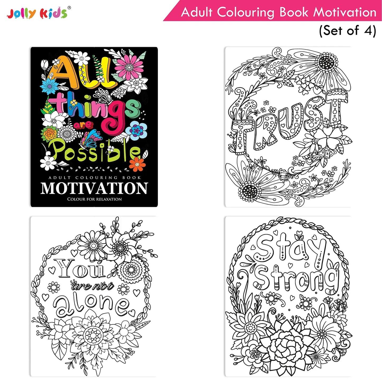 Jolly Kids Adult Colouring Books Set of 4|Adults Colouring Book: Stress Relieving Designs Floral, Animals, Birds & Motivational Quotes Colouring Books - Swadesiicart