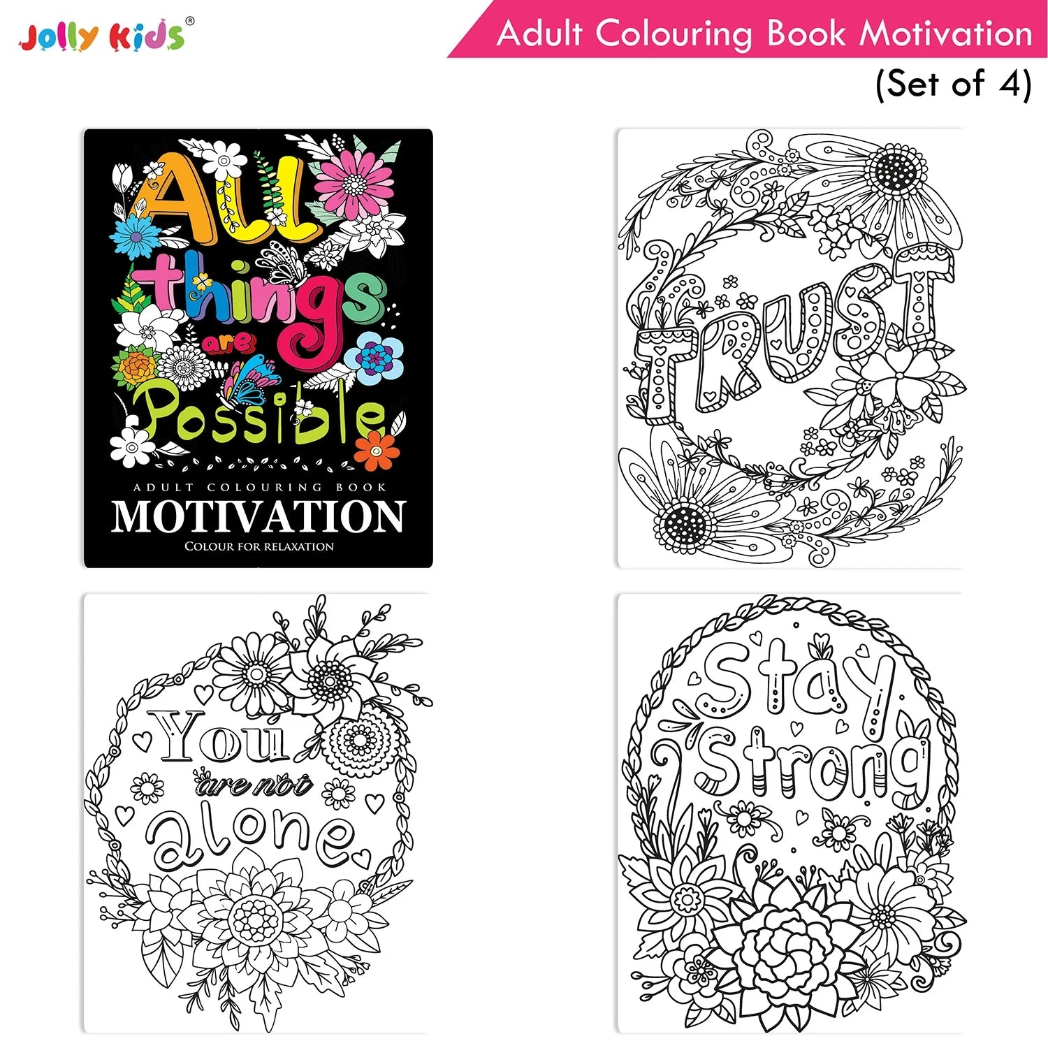Jolly Kids Adult Colouring Books Set of 4|Adults Colouring Book: Stress Relieving Designs Floral, Animals, Birds & Motivational Quotes Colouring Books - Swadesiicart