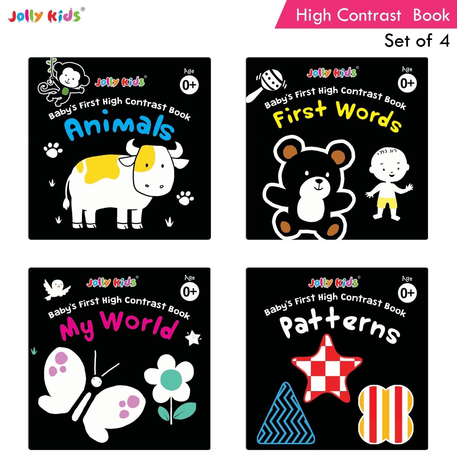 Jolly Kids Baby's First High Contrast Board Books (Set of 4)| Black and White Board Books For Kids Ages 0 - 3 Years - Swadesiicart