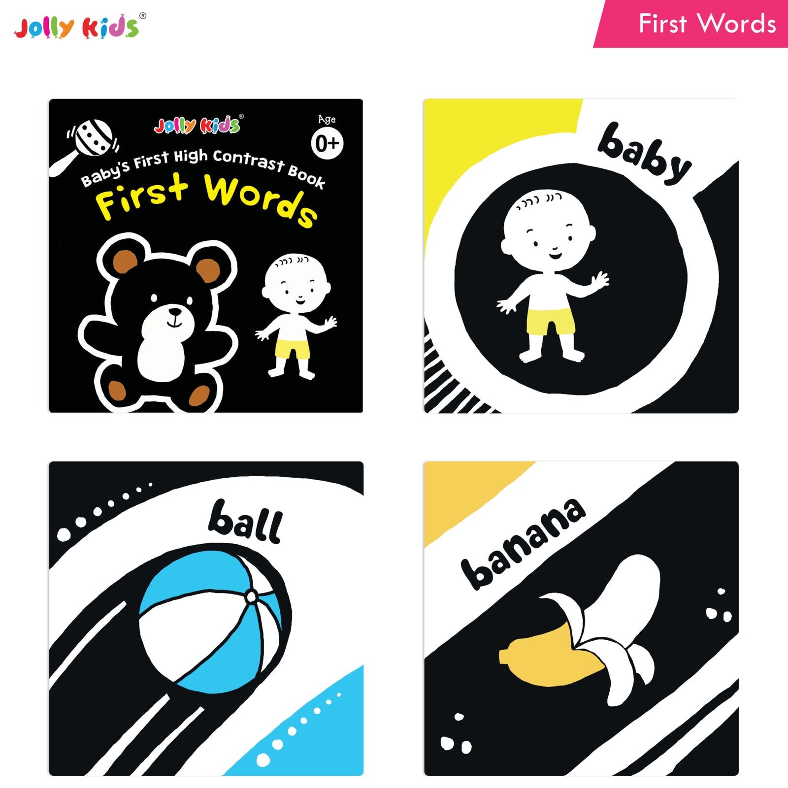 Jolly Kids Baby's First High Contrast Board Books (Set of 4)| Black and White Board Books For Kids Ages 0 - 3 Years - Swadesiicart