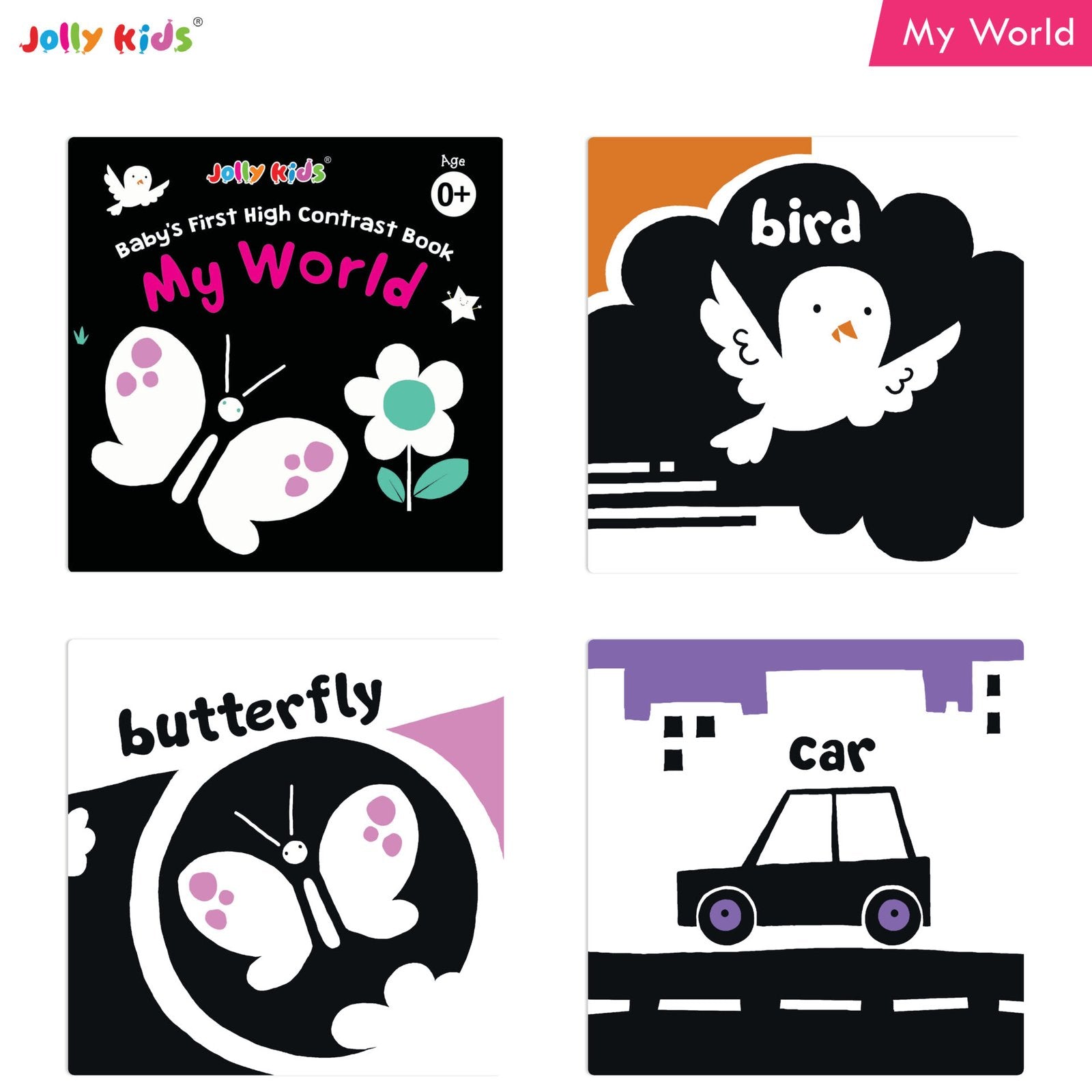 Jolly Kids Baby's First High Contrast Board Books (Set of 4)| Black and White Board Books For Kids Ages 0 - 3 Years - Swadesiicart