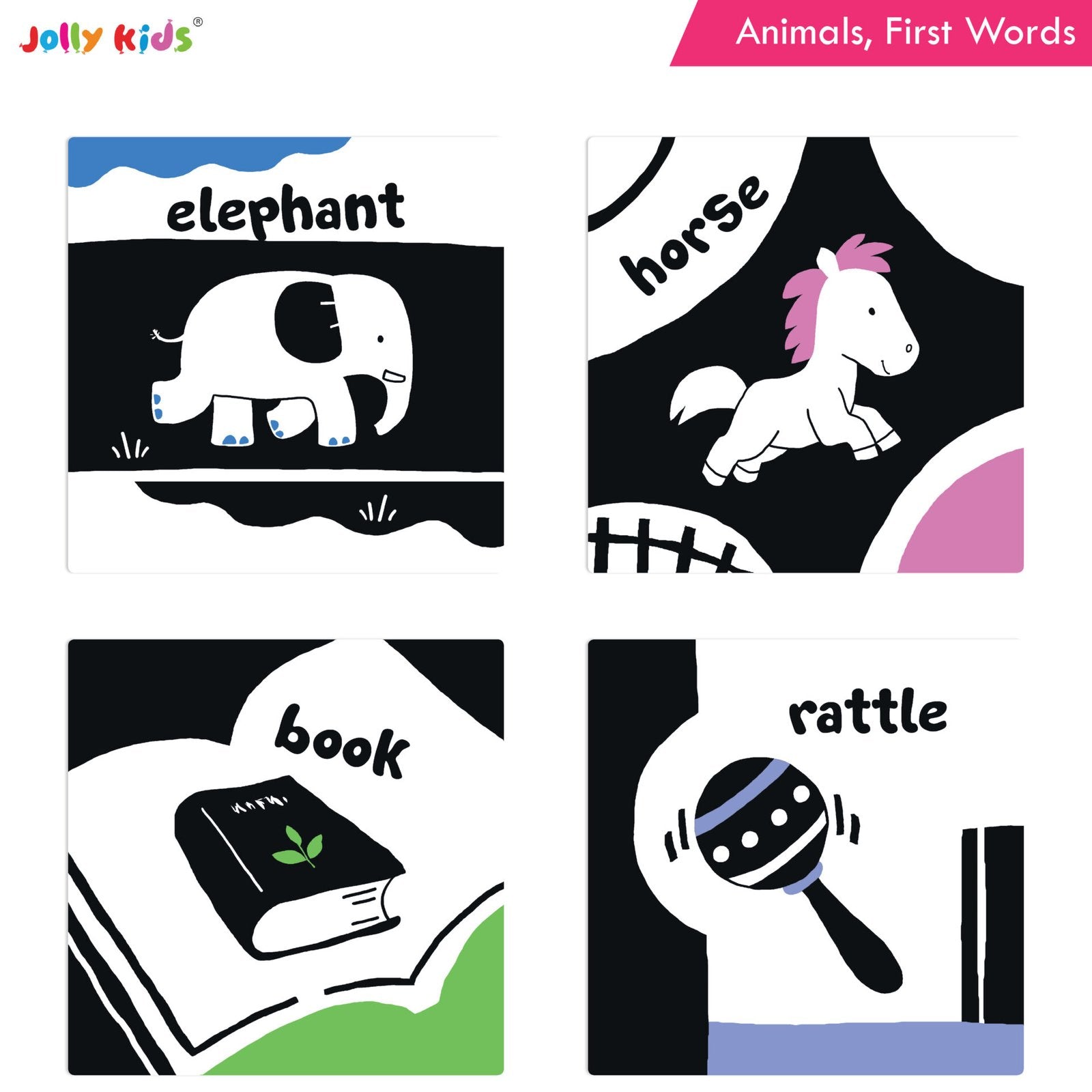 Jolly Kids Baby's First High Contrast Board Books (Set of 4)| Black and White Board Books For Kids Ages 0 - 3 Years - Swadesiicart